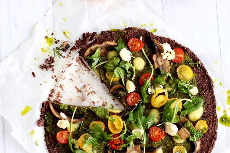 {Vegan} Black Bean Crust Pizza. Healthy Pizza recipe from The Fit Foodie.